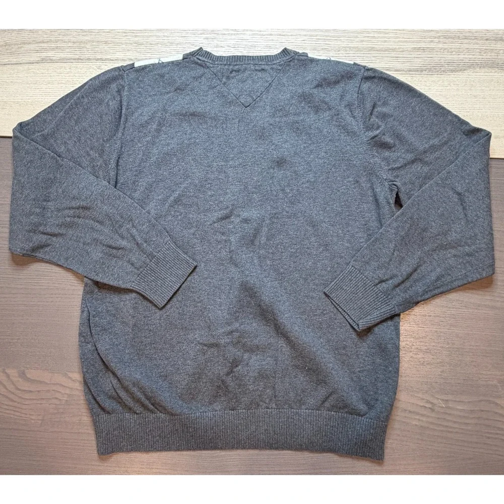 TOMMY HILFIGER Sweater Men XL V Neck Argyle Gray & White‎ Cotton